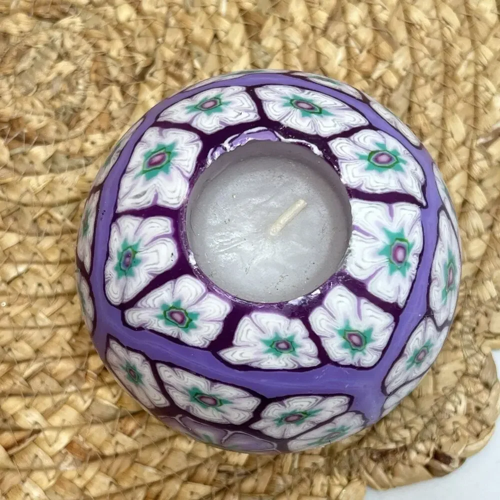 Vintage 90s 4” Lavender Purple Teal White Millefiori Candle Glow Psychedelic